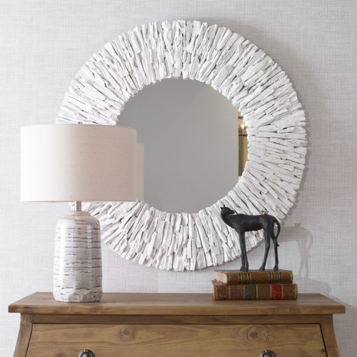 White Teak Branch Round Mirror room view 1