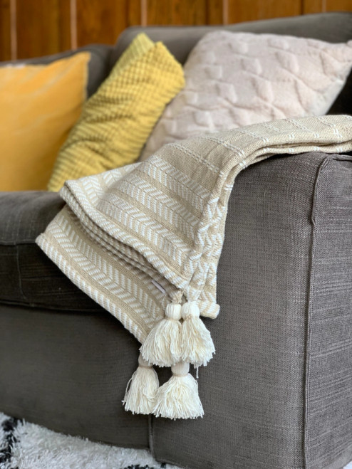 Oyster Park Tan and Ivory Tasseled Throw on chair
