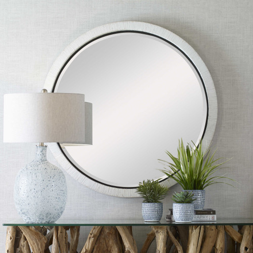 Sardinia White Rattan Round Mirror room view
