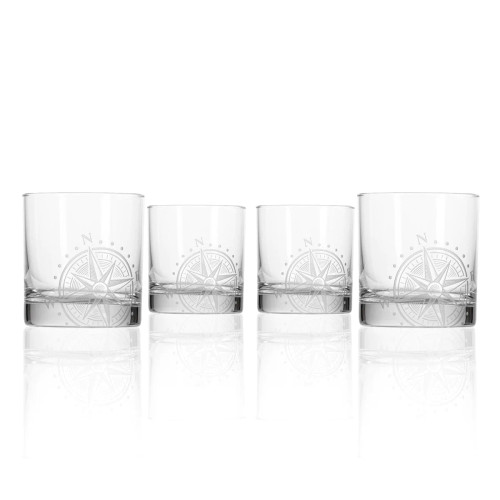 Compass Star Etched Rocks Glasses - Set of Four