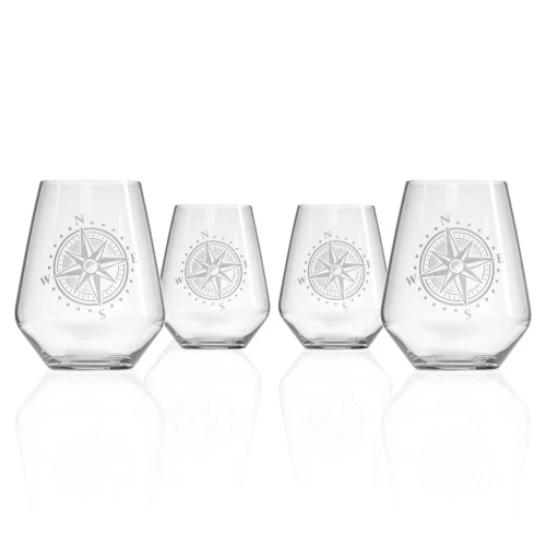 Compass Star Etched 18 oz. Stemless Tumblers - Set of Four