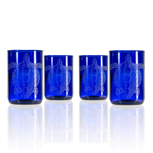 Cobalt Blue Sea Turtle Upcycled Glasses - Set of 4