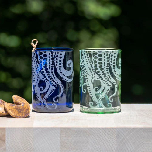 Cobalt Blue Octopus Upcycled Glasses - Set of with green glass