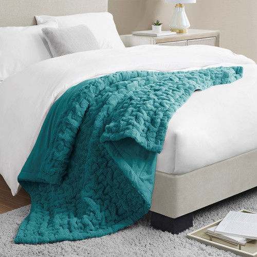 Teal Ruched Faux Fur Throw on bed Teal Ruched Faux Fur Throw on bed