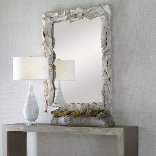 Redondo Whitewash Chunky Teak Mirror angle room view with Clariot Striped Lamp