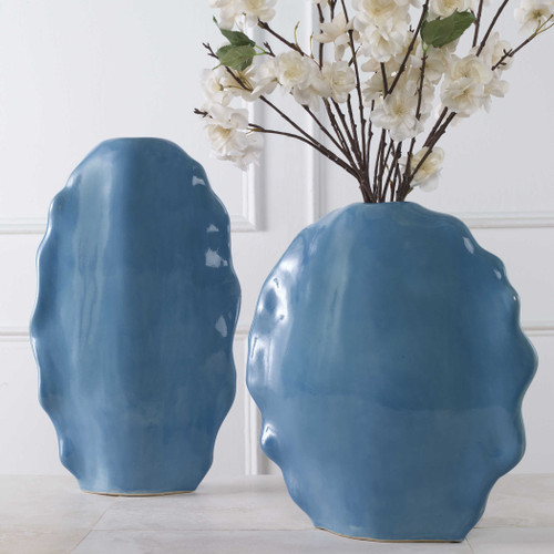 Ruffled Feathers Large Blue Vases - Set of Two with floral stems