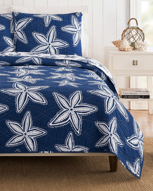 Navy Sea Star Queen Size Quilt Set cropped