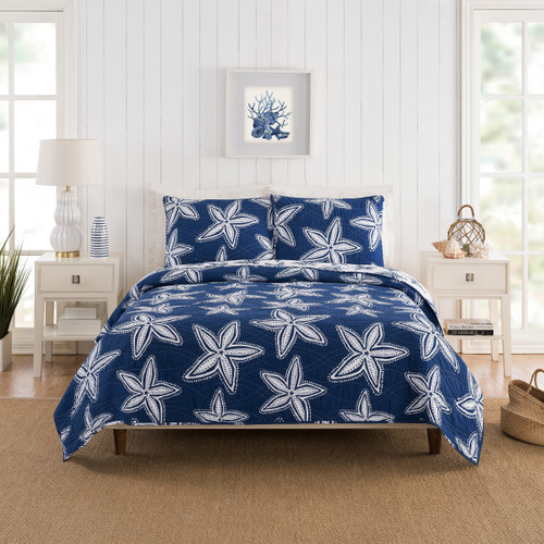 Navy Sea Star Queen Size Quilt Set 