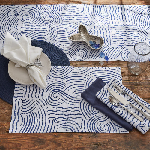 Navy Wave and Shore Placemats - Set of 4 with table runner on table