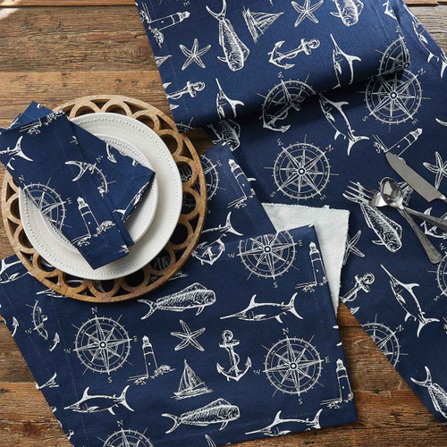 Adventure at Sea 15 x 72 Navy Blue Table Runner on table