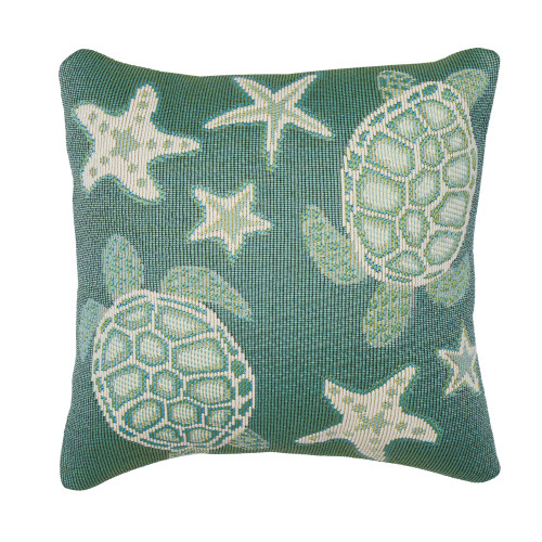  Sea Turtle and Starfish Aqua Indoor-Outdoor Pillow