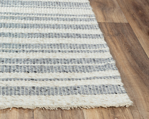 Capri Striped Shore Blue Woven Rug corner with fringe