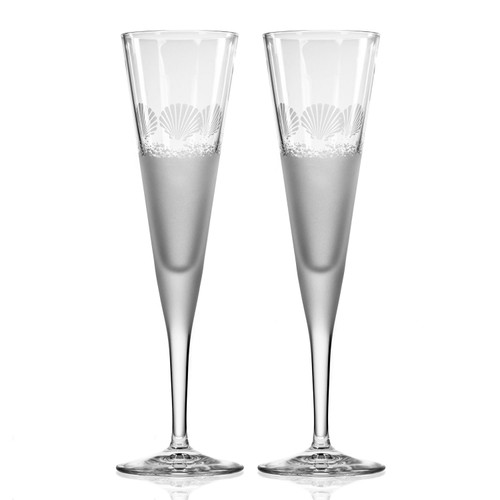 Set of Two Sea Shore Frosted and Etched Flute Glasses
