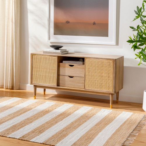 Sailor Striped Sand and White Area Rug room view