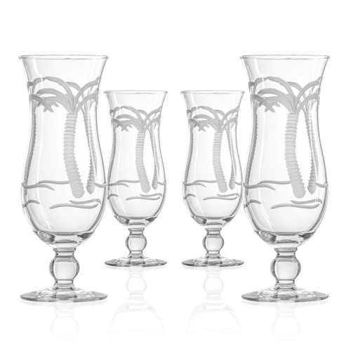Set of Four Palm Tree Engraved Tall Hurricane Glasses