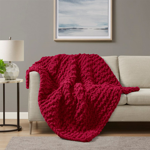 Cozy Chunky Chenille Crimson Knit Throw view on sofa