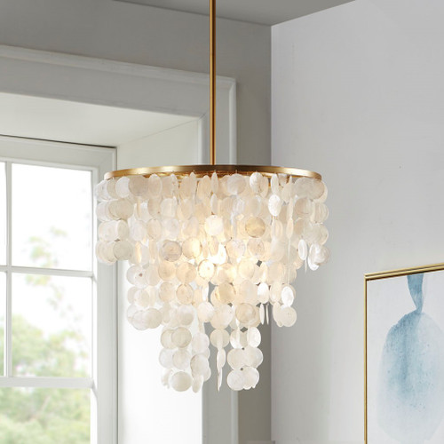 Island Capiz Shell Tiered Chandelier light on