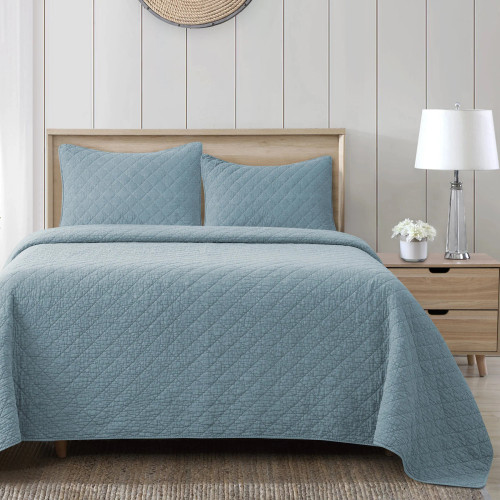 Sea Blue Stonewash Cotton King Size Quilted Set