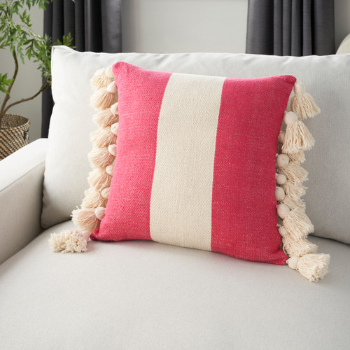 Sunset Pink Seabeck Striped Tassel Trimmed Pillow on sofa