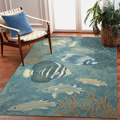 Marina Aqua Fish and Sea Life Indoor-Outdoor Area Rug floor view