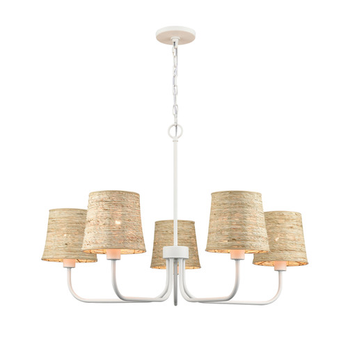 Cane Bay White 5-Light Chandelier with Abaca Shades