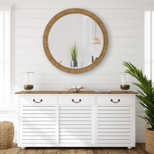 Surfside Beach Faux Rattan Round Mirror over cabinet