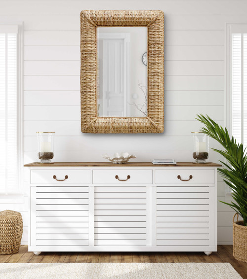 Twisted Natural Dune Seagrass Rectangle Mirror over cabinet