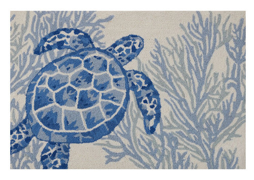 Indigo Blue Sea Turtle Wool Hooked 2 x 3 Accent Rug