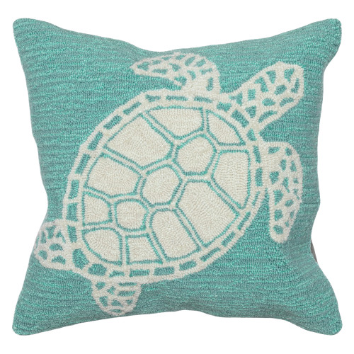 Aqua Sea Turtle Outline Hand-Hooked Pillow