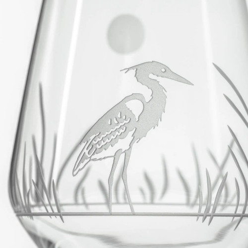 Heron Etched Stemless Wine Glasses close up