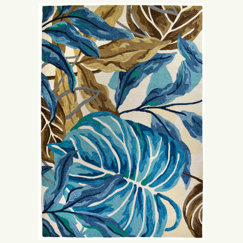 Blue Jungle Leaves Hand-Hooked Area Rug