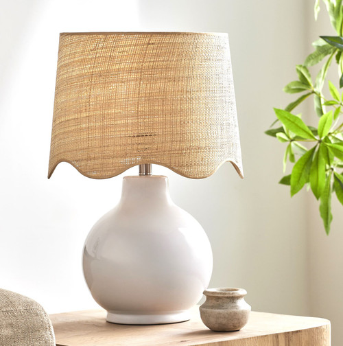 Catalina Isle Glossy White Lamp room with rattan shade
