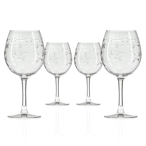 Set of Four Engraved School of Fish Balloon Wine Glasses