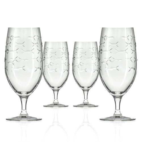 Set of Four Engraved School of Fish Ice Tea Glasses