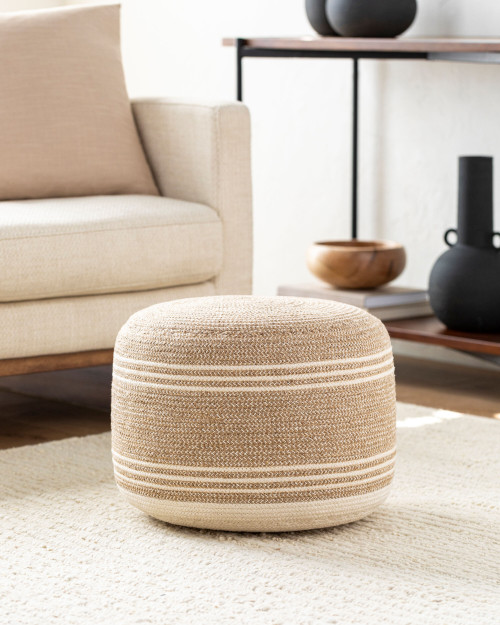 Hampton Dunes Cream and Natural Striped Woven Pouf room view