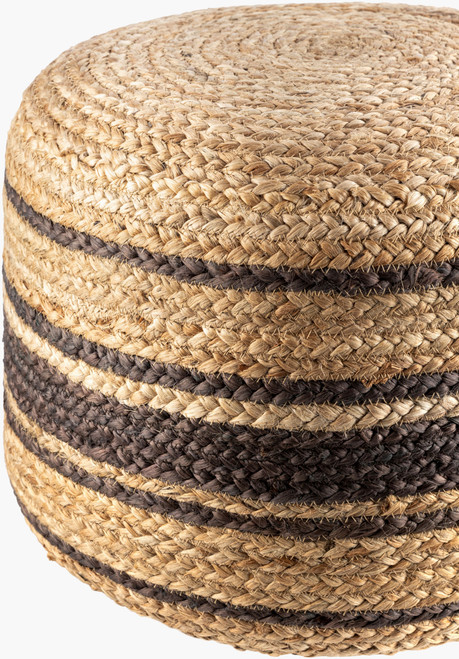 La Jolla Dark Sand and Natural Striped Woven Pouf close up