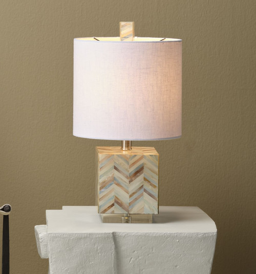 Garbo Glam Mother of Pearl Shell Blue Table Lamp in room example