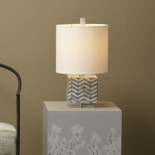 Garbo Glam Mother of Pearl Shell Grey Table Lamp room view