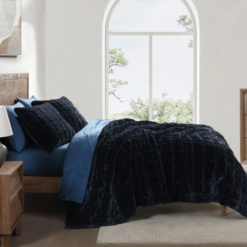 Stella Midnight Blue Faux Silk Velvet King Size Box Quilted Bedding Set