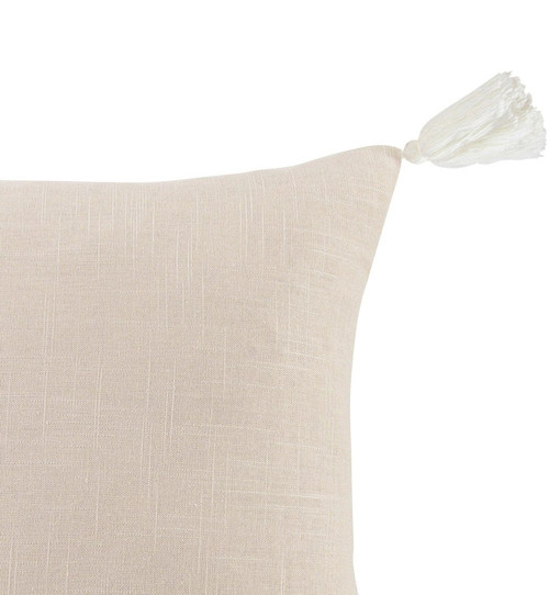 Light Tan Washed Linen White Tassel Pillow corner close up