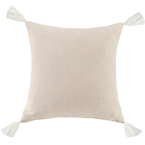 Light Tan Washed Linen White Tassel Pillow