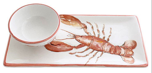 Hand-Painted Lobster Rectangle Platter and Dip Bowl