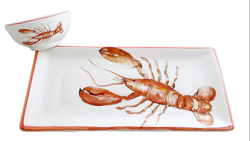 Hand-Painted Lobster Rectangle Platter and Dip Bowl view 2