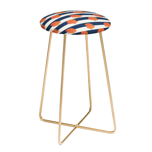 Orange Clamshell and Navy Stripe 25 Inch Tall Counter Stool