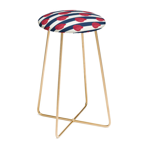 Red Nautilus Shell and Navy Stripe 25 Inch Tall Counter Stool gold legs