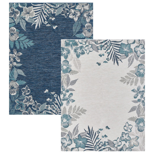 Reversible Cool Blue Tropical Palm Border Dahlia Rug