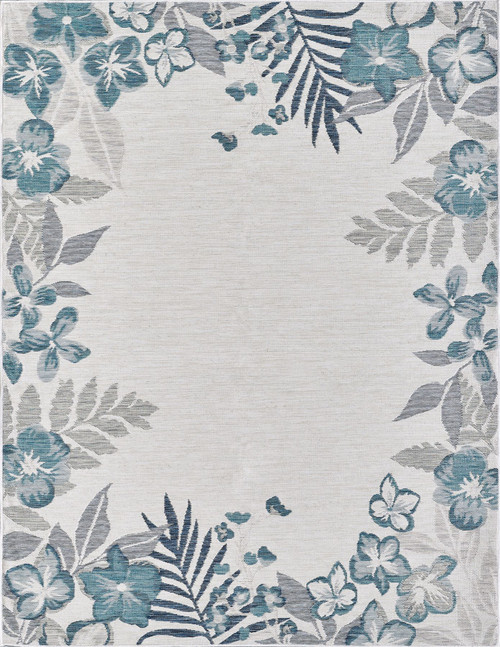 Reversible Cool Blue Tropical Palm Border Dahlia Rug side one