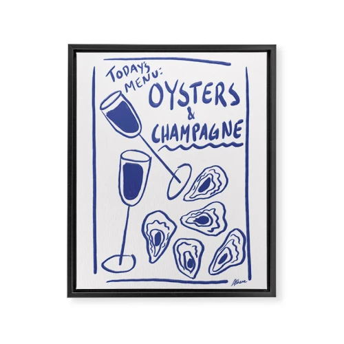 Oysters and Champagne Canvas Art in Black Frame