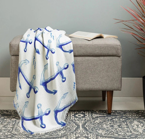 Anchor's Aweigh Nautical Woven Throw Blanket on bench