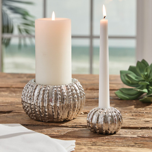 Silver Sea Urchin Candle Pillar Holder on table